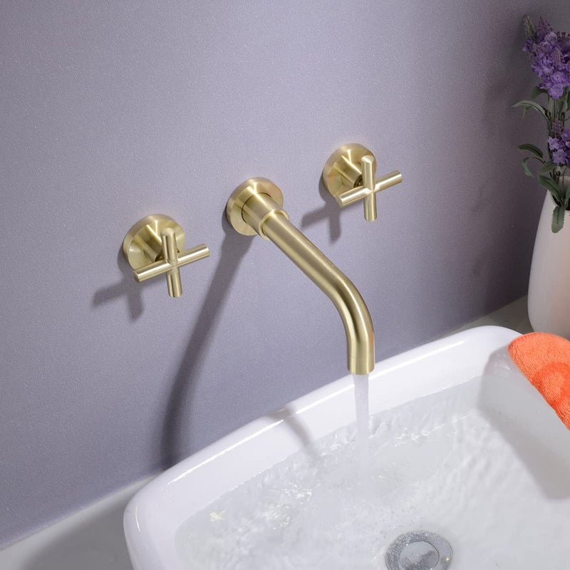 TRUSTMI Wall Mount Brushed Gold Bathroom Faucet, 2 Cross Handle Concealed Vessel Sink Faucet with Brass Rough-in Valve, 8.18" Swivel Spout, Floating Installation Height - Image 2